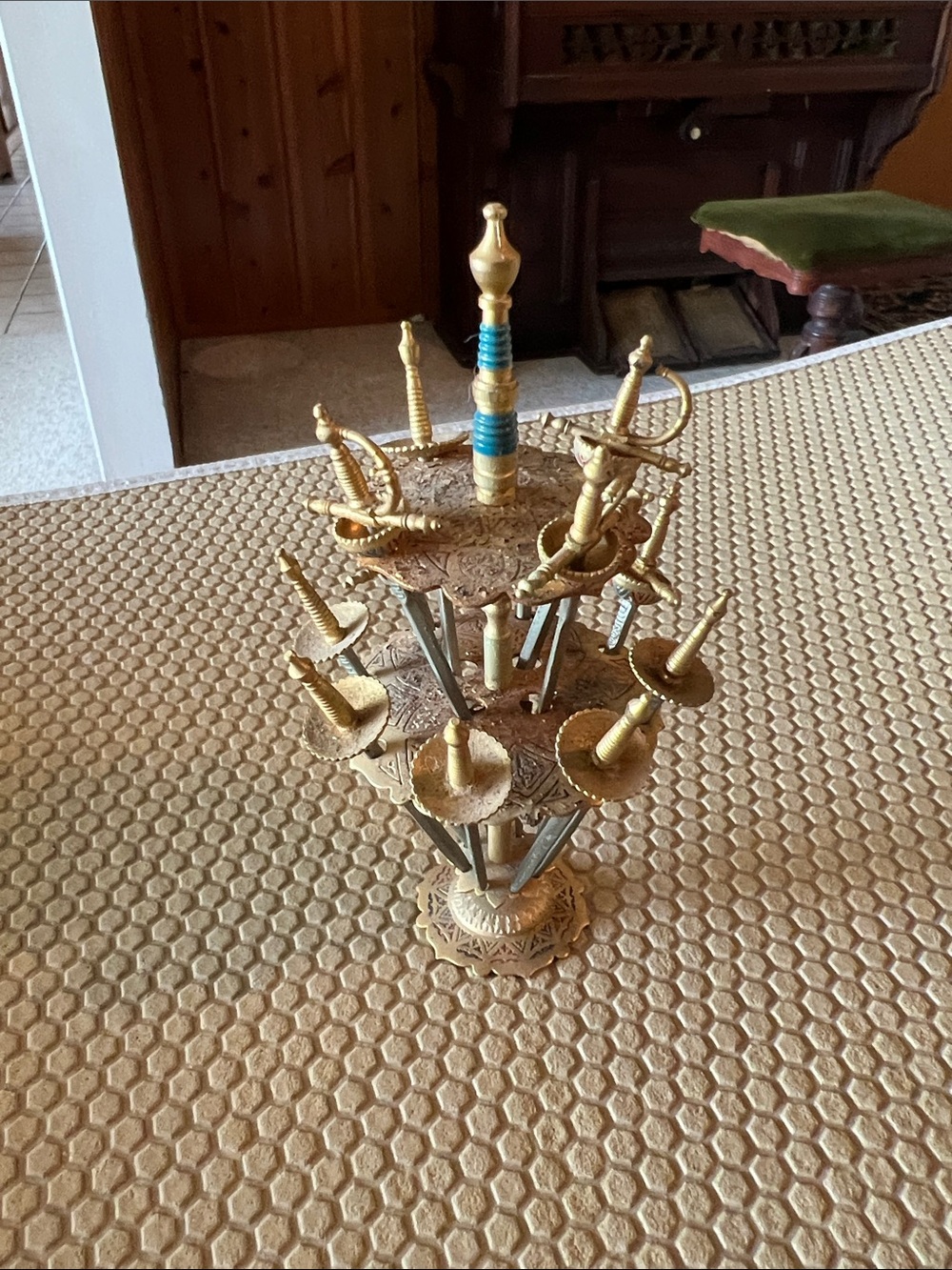 Gold Brass Multi-Sword Display Stand with Turquoise Accent